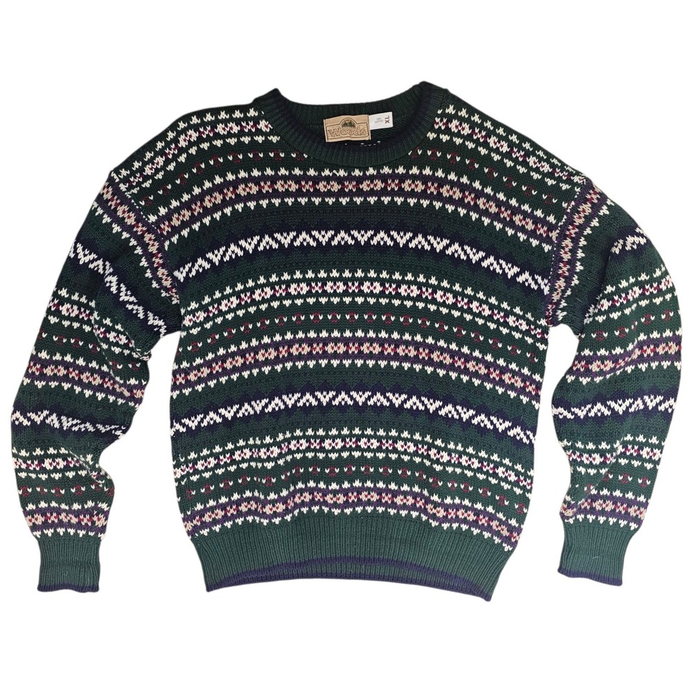 Vintage Men's‎ XL Crew Neck Sweater 100% Cotton 90s Green White Nordic Fair Isle